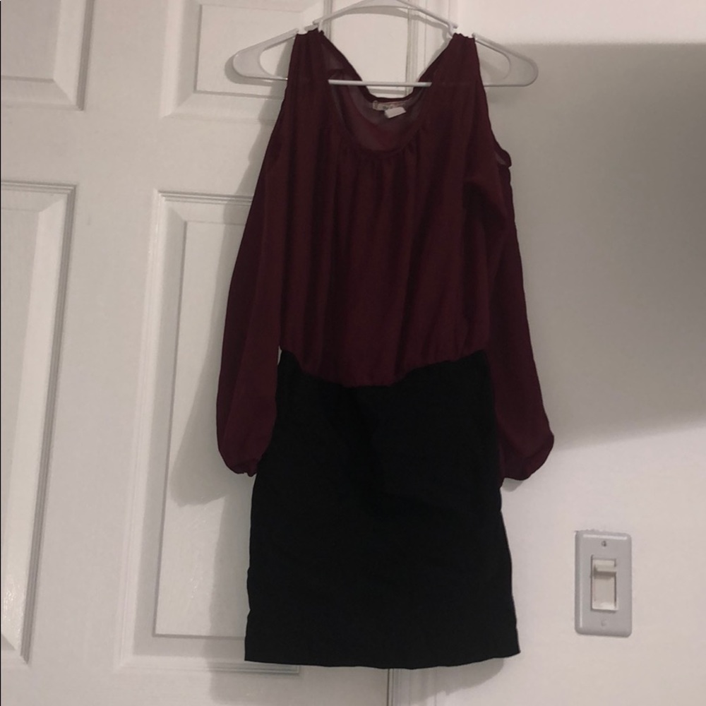Maroon, Long Sleeve, Mesh Top Dress